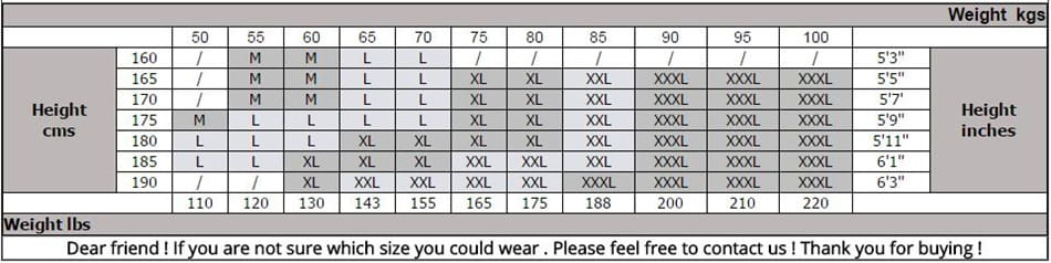 The size chart for the men sleeveless zip hoodie gym tank top activewear displays height in centimeters and inches with corresponding weight ranges in kilograms and pounds.