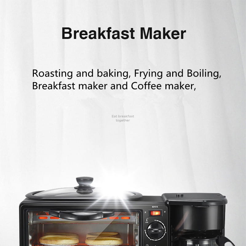 Black multifunctional 3 in 1 breakfast station coffee maker and toaster oven with glass lid and built-in coffee brewing system.
