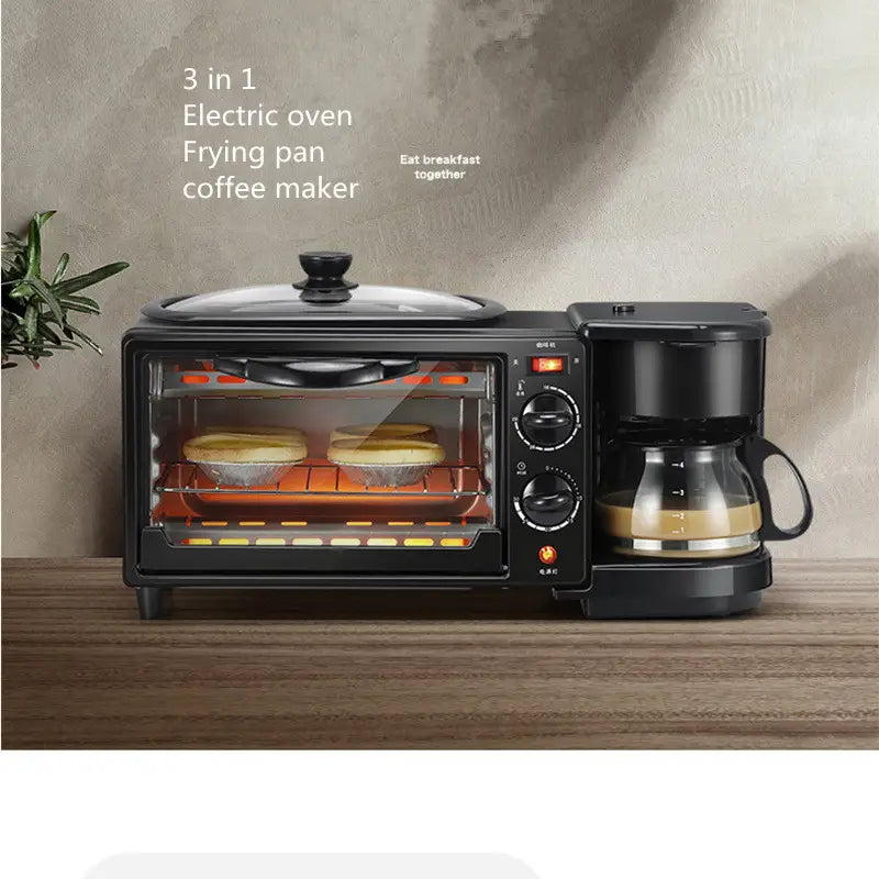 black 3 in 1 breakfast station coffee maker and toaster oven combo with glass door displaying two pies inside includes electric oven, frying pan, and coffee maker.