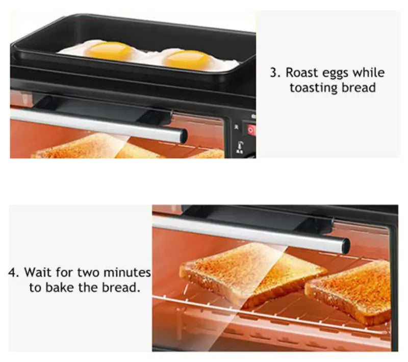 Black 3 in 1 breakfast station coffee maker and toaster oven with dual-function design featuring a flat baking tray for eggs and a lower rack for toasting bread.