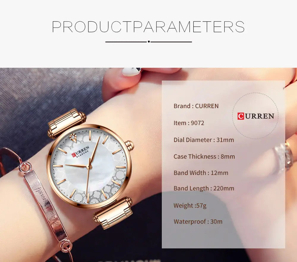 Curren women luxury thin quartz watch with rose gold metal case and white mother of pearl dial paired with blue ceramic features.