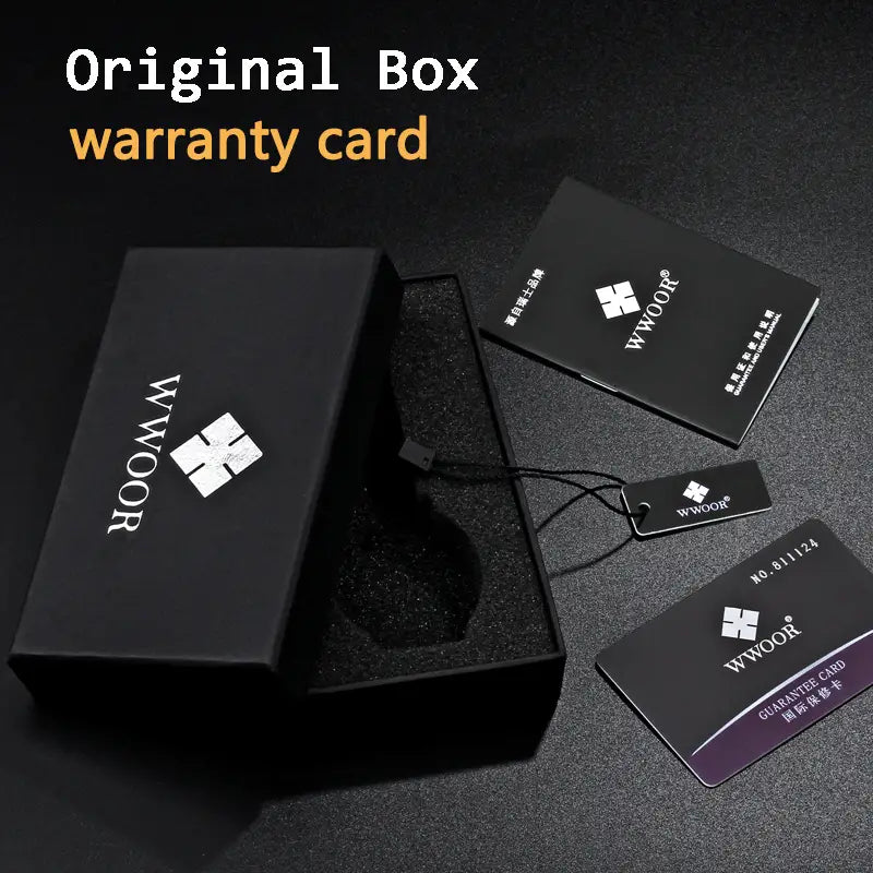 Black wwooor branded gift box with white logo open to reveal the interior designed for the gold chronograph watch men stainless steel luxury timepiece.