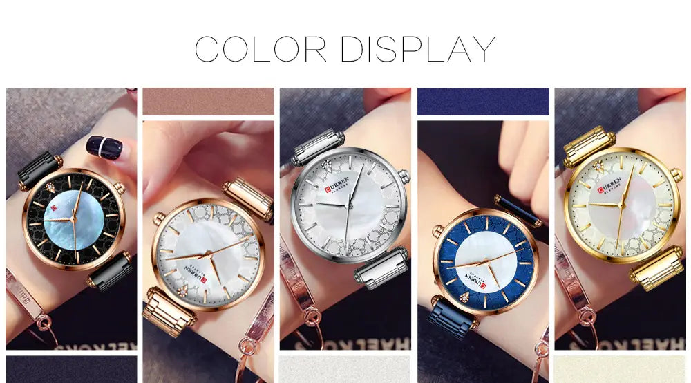 A collection of Curren women luxury thin quartz watches featuring gold-tone cases, blue ceramic, mother-of-pearl or enamel dials with intricate patterns, and matching metal bracelets.