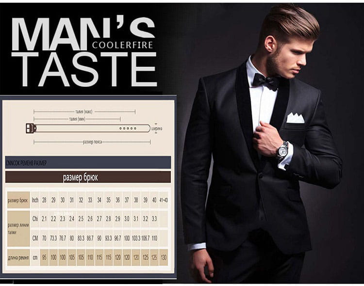 Black tuxedo jacket with satin lapels and matching bow tie paired with a men automatic leather belt.