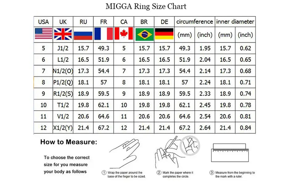 Tableau des tailles de bague Migga indiquant des mesures dans divers systèmes de numérotation internationaux, avec les valeurs correspondantes de circonférence et de diamètre intérieur pour l’anneau ouvert arbre de vie en argent sterling en zircon.