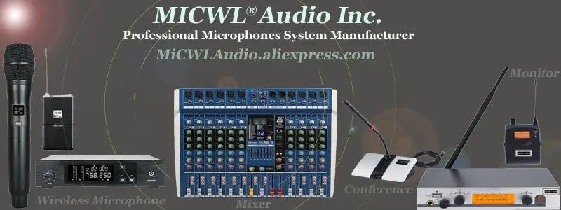 Blue and black professional audio mixer with multiple input output channels knobs and a central display screen for Micwl 10 inch wall mounted conference speakers.