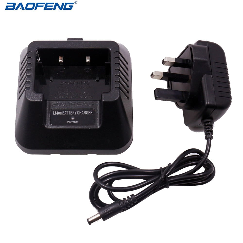 black baofeng uv-5r li-ion battery charger with uk plug and coiled power cable for uv5r radios
