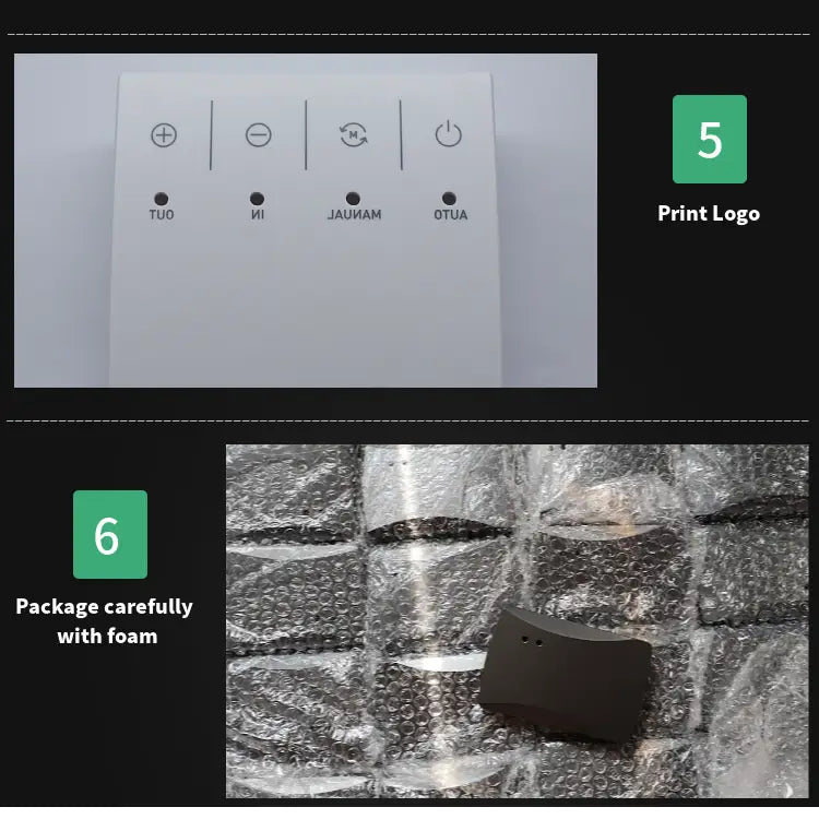 weiße rechteckige Smart-Home-Steuerkonsole mit vier runden Tasten, beschriftet mit tüo, ii, jauinam und otua, untergebracht in einem 74x71x27-mm-WLAN-Router-AP-Gehäuse aus weißem ABS-Kunststoff.