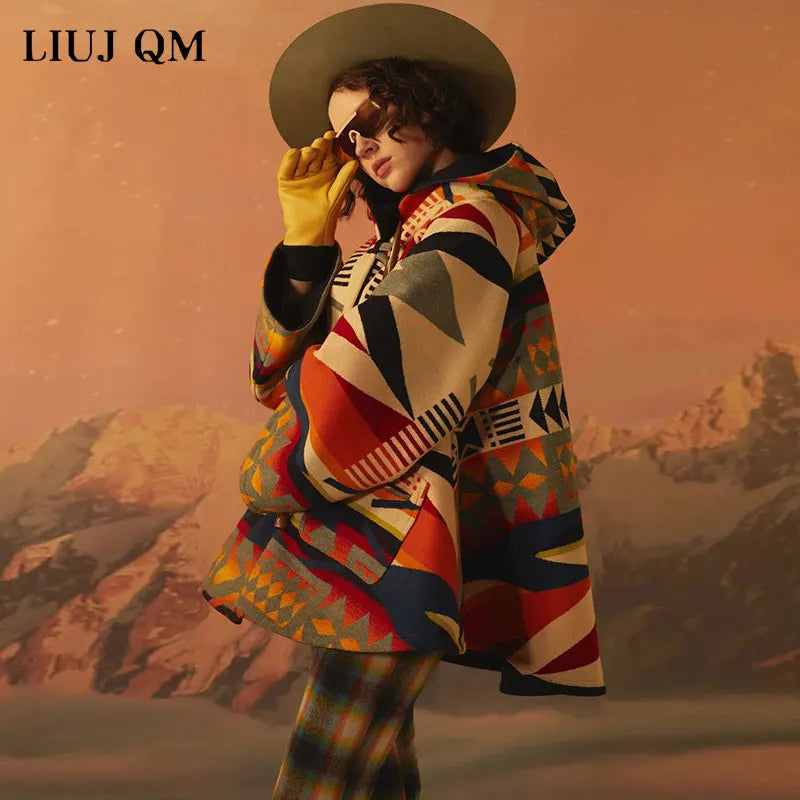 13 Colors Women Wool Coat Printed Hooded Woolen Coat Women Long Sleeve Loose Long Overcoat Women Coats And Jackets Winter Autumn