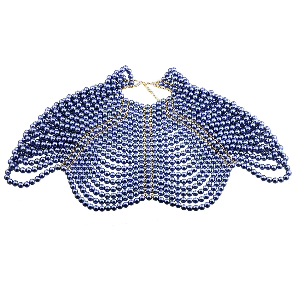Cape de collier de mode en chaîne corporelle de perles bleu marine, composée de petites perles lustrées, avec des bretelles d’épaule en chaîne ton sur or et une structure centrale.