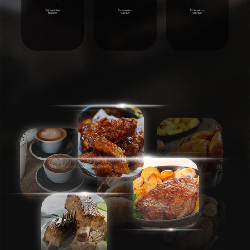 A glossy black smartphone screen displaying a collage of appetizing food images with bright light effects next to a 3 in 1 breakfast station coffee maker and toaster oven.
