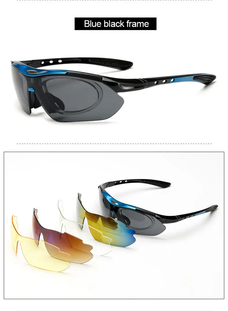 Lunettes de cyclisme avec montures bleues et noires, comportant des verres interchangeables en dégradé jaune, orange, bleu et transparent, pour une utilisation polyvalente en équipement sportif.