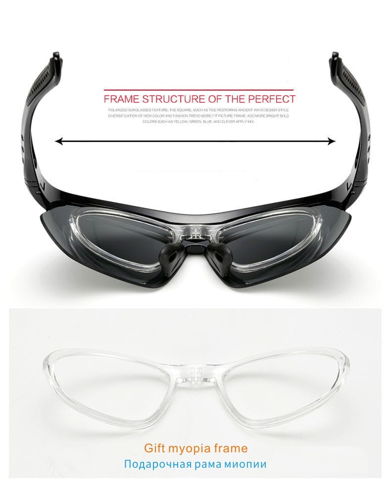 Lunettes de cyclisme sport noires avec verres foncés interchangeables et un design de monture moderne et épuré pour l’utilisation en équipement sportif.