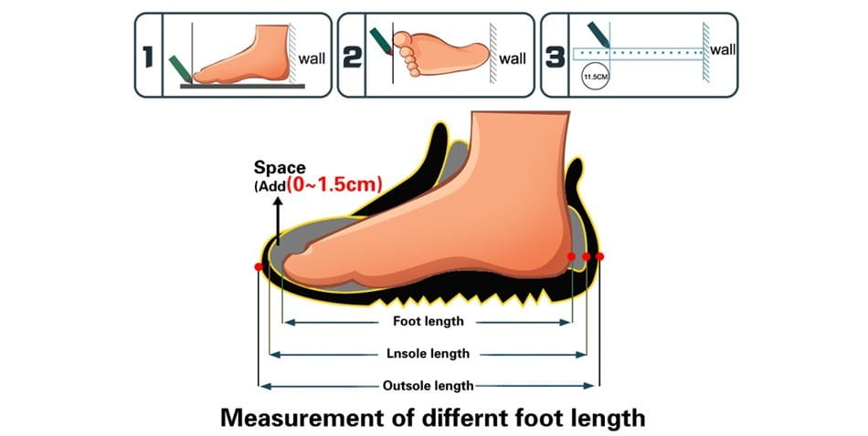 Schéma illustrant des étapes de mesure précises pour déterminer la longueur du pied, avec des dimensions indiquées et une silhouette de pied humain pour le chaussage de ballerines de bureau en cuir noir à bout pointu.
