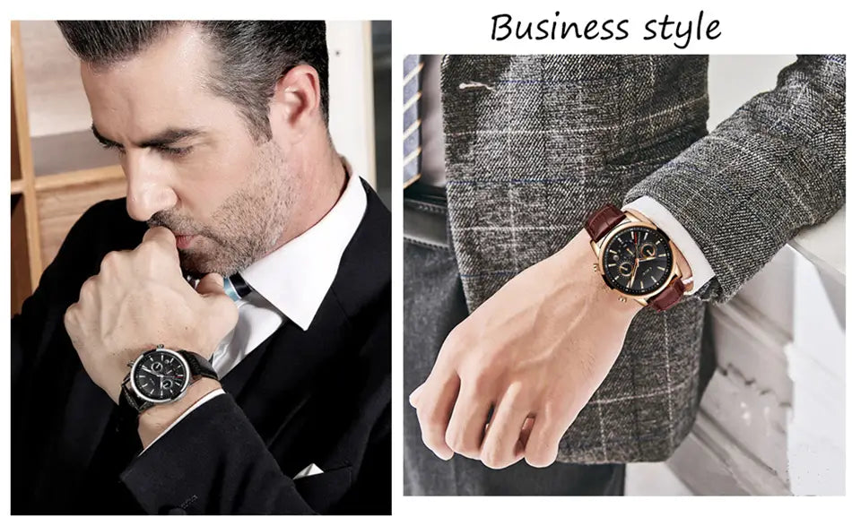 Lige men’s leather chronograph quartz watch with a sleek black dial, rose gold case, and brown leather strap designed for business style.