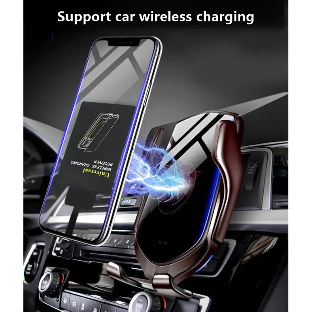 Soporte de carga inalámbrica para automóvil de color marrón y plateado, elegante, con soporte magnético para el teléfono, que integra un receptor de carga inalámbrica para micro-USB B en color negro.