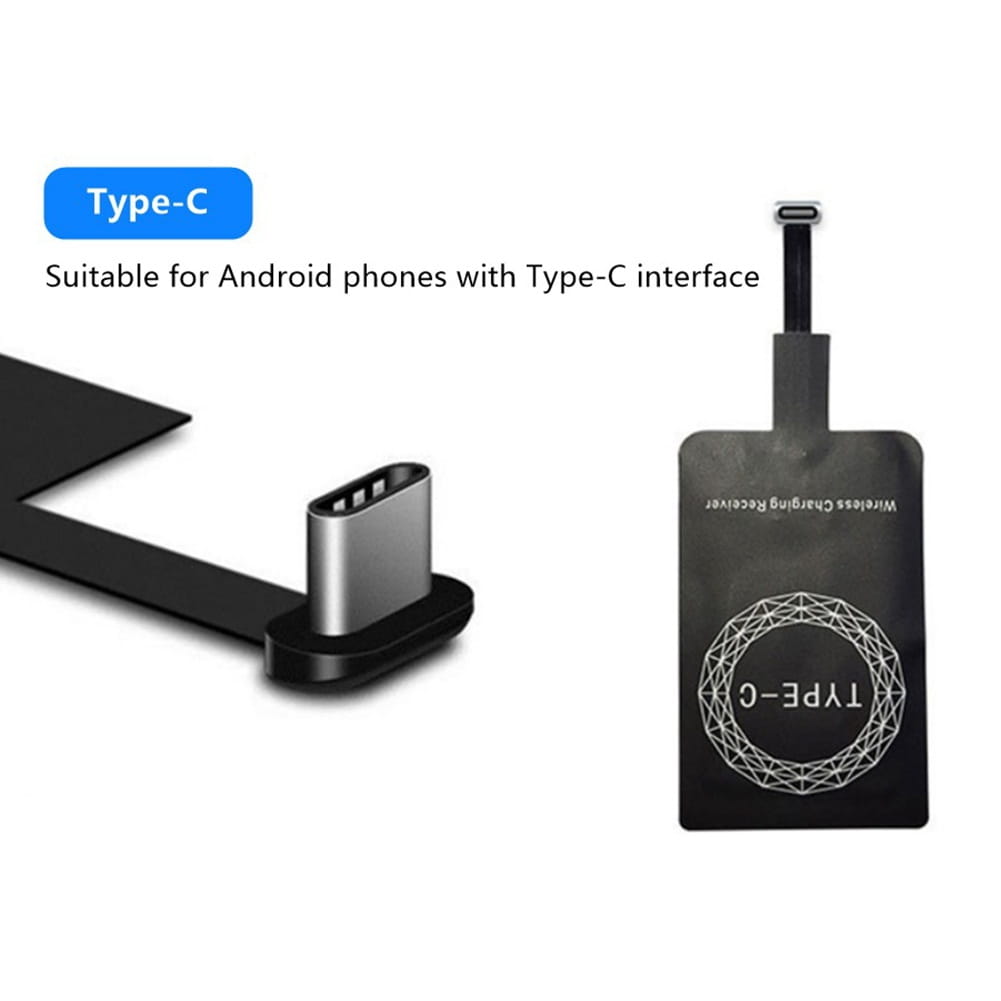 Receptor de carga inalámbrica negro con logotipo geométrico plateado y adaptador de interfaz tipo C, diseñado para la carga inalámbrica con dispositivos micro-USB B.