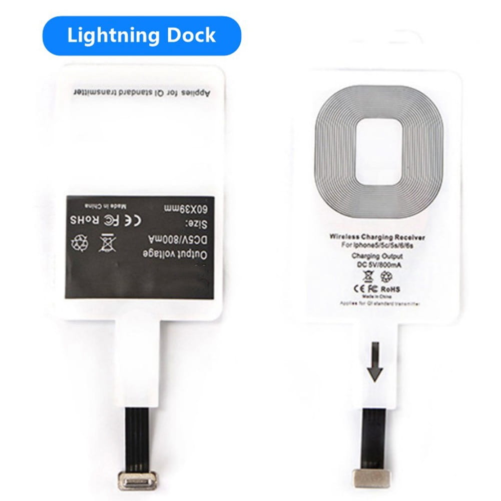 Base receptora de carga inalámbrica blanca con bobina metálica plateada y cable flexible negro para iPhone 5, 6, 7 y 8, compatible con micro-USB B para la carga inalámbrica.