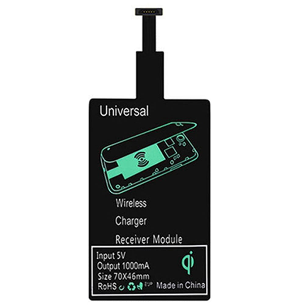Receptor de carga inalámbrica rectangular negro para micro-USB B con logotipo verde Qi y especificaciones impresas en el reverso.