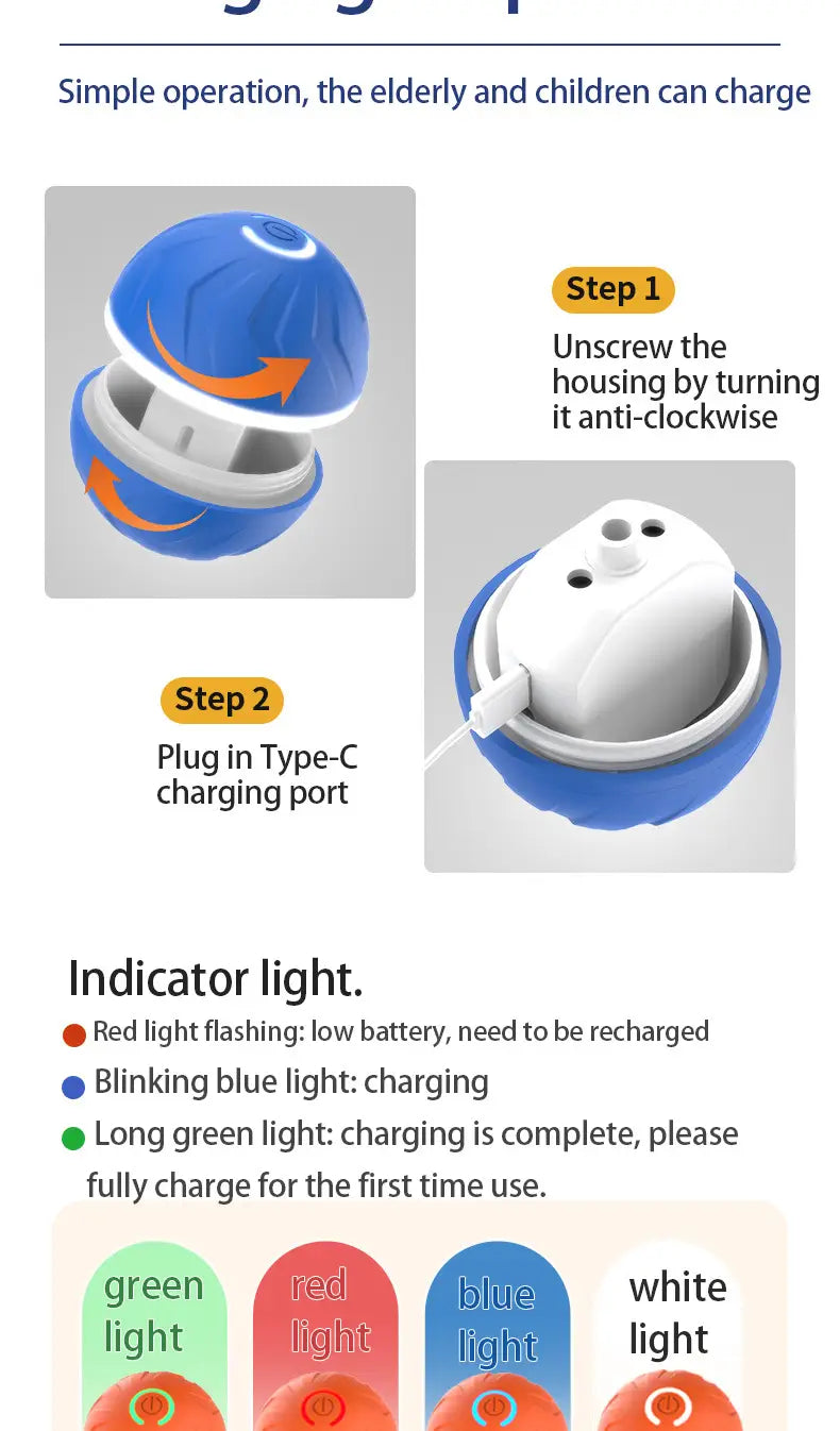 Interactive ball dog toy in blue and white featuring led lights and a type-c port for charging.