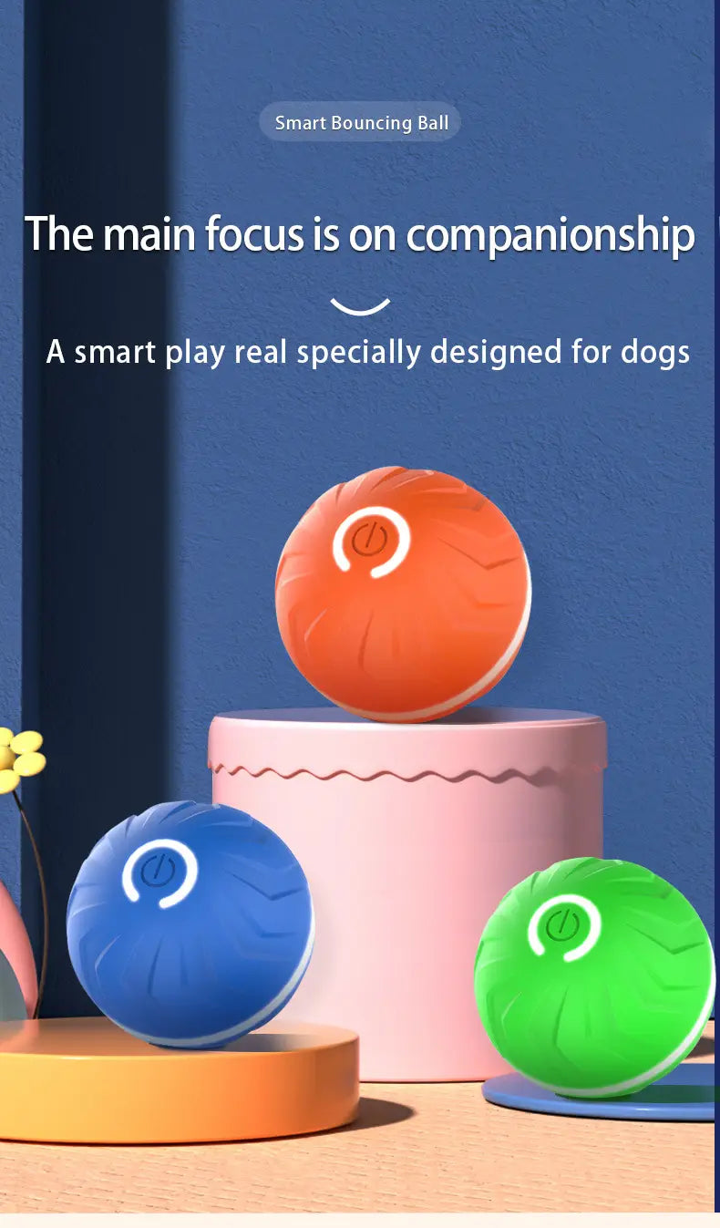 interactive ball dog toys featuring brightly colored smart bouncing balls in orange blue and green with a textured surface and white circular logo with led lights.