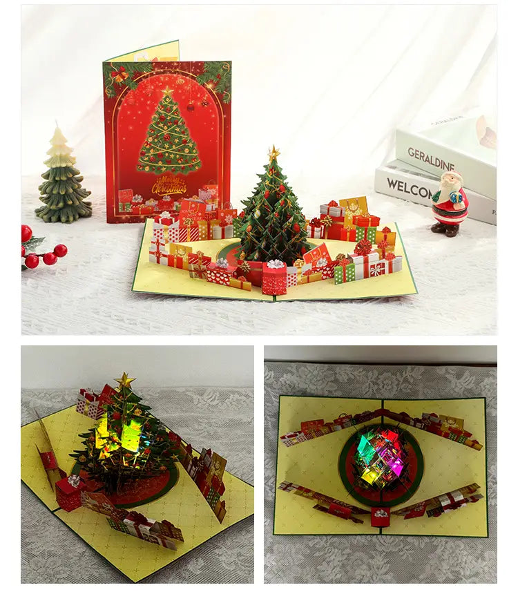 Eine festliche rote und grüne musikalische 3D-Weihnachtsbaum- Klappkarte mit einem detaillierten Papierbaum, der von farbenfrohen Geschenkboxen umgeben ist.