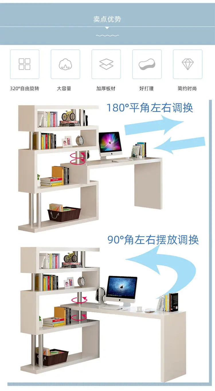 Modern white l shaped computer desk made of modular materials with adjustable angles and built-in shelves for organized workspace use.