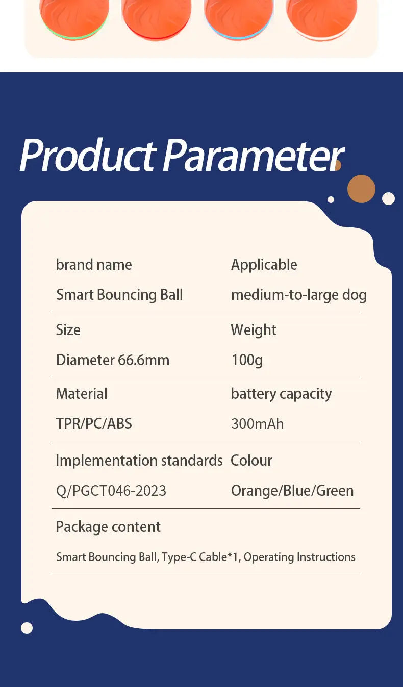 Interactive ball dog toy featuring a smart bouncing ball in orange, blue, and green made of durable tpr, pc, and abs materials with led lights.