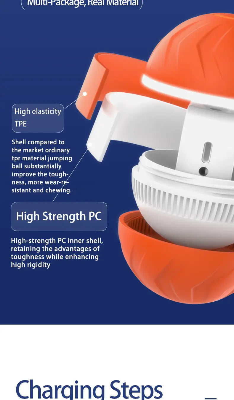 Interactive ball dog toy with led lights featuring an orange and white segmented design, a textured outer tpe shell, and a high-strength pc core for durability.
