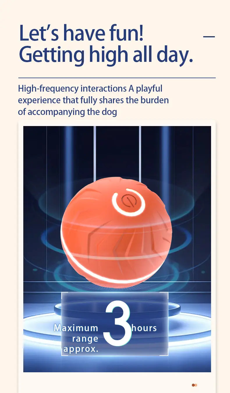 orange spherical interactive ball dog toy with led lights featuring a textured surface and white circular logo designed for engaging pet play.