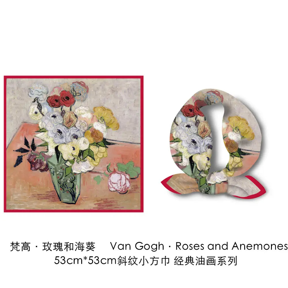 Foulard carré en soie à motif floral avec bordure rouge, présentant les roses et les anémones de Van Gogh dans un style de peinture à l’huile vibrant sur un tissu souple
