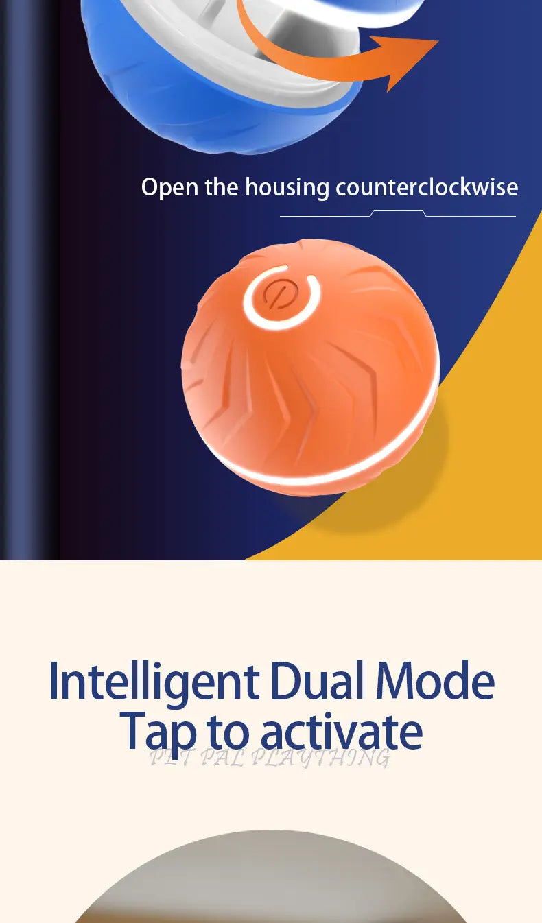 Orange spherical ball dog toy with textured surface and white circular logo featuring a dual-mode design and led lights for interactive play.