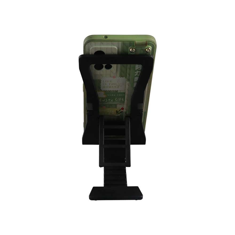 support de téléphone et tablette de bureau réglable en plastique noir tenant un smartphone vert avec une coque transparente.