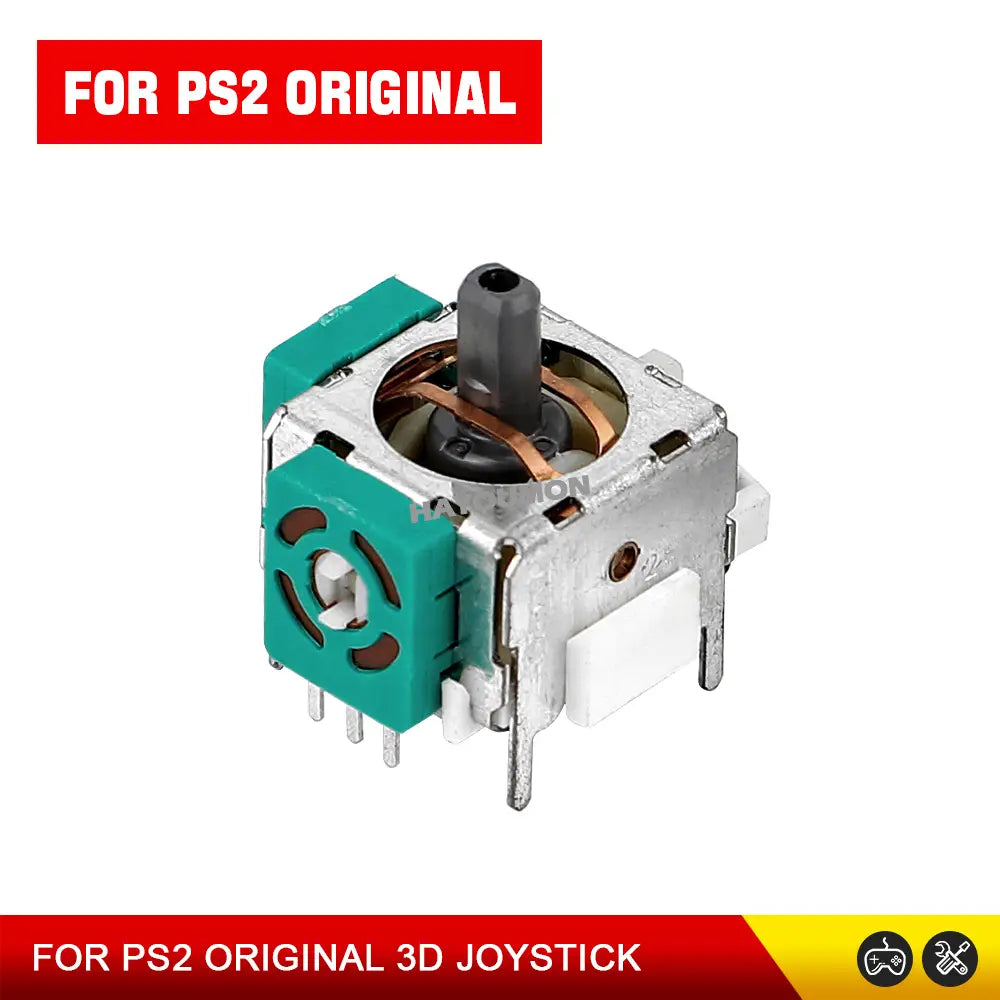 Original ps2 analog stick joystick replacement with a metallic silver body, teal plastic side panels, and visible copper wiring inside.