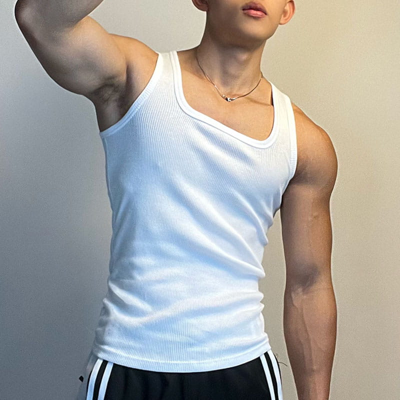 White ribbed tank top for men in solid color designed for casual wear available in sizes S to 5XL.