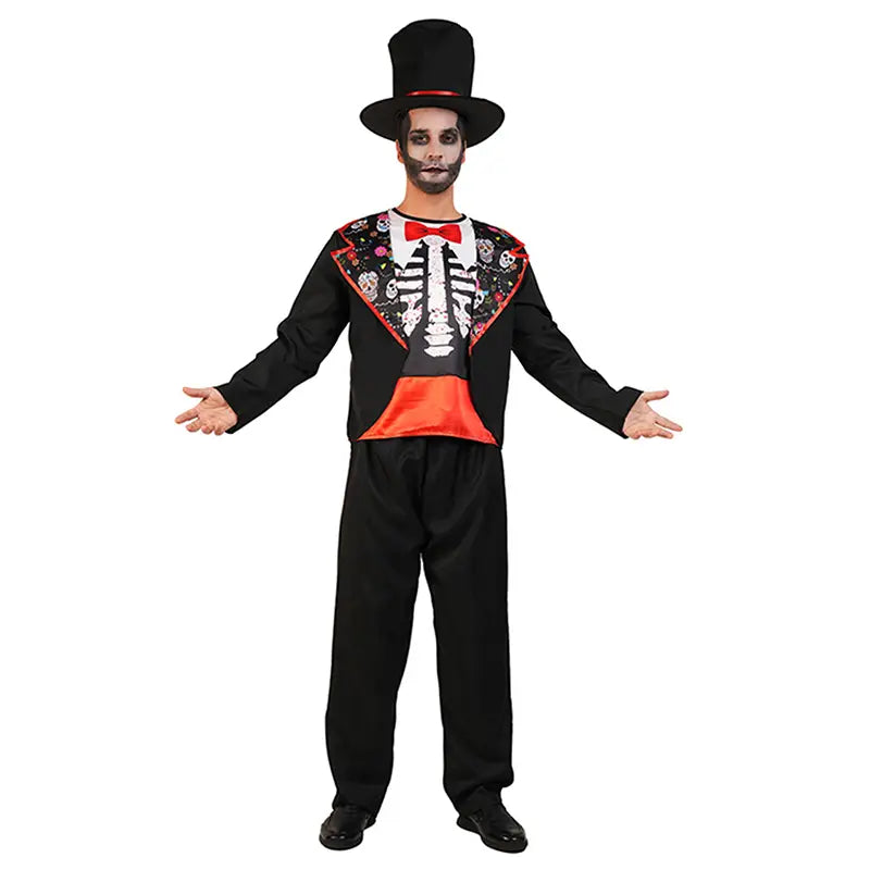 Costume de squelette pour homme avec un motif noir à thème de squelette, rehaussé d’accents rouges, d’une broderie florale et d’un haut-de-forme assorti.