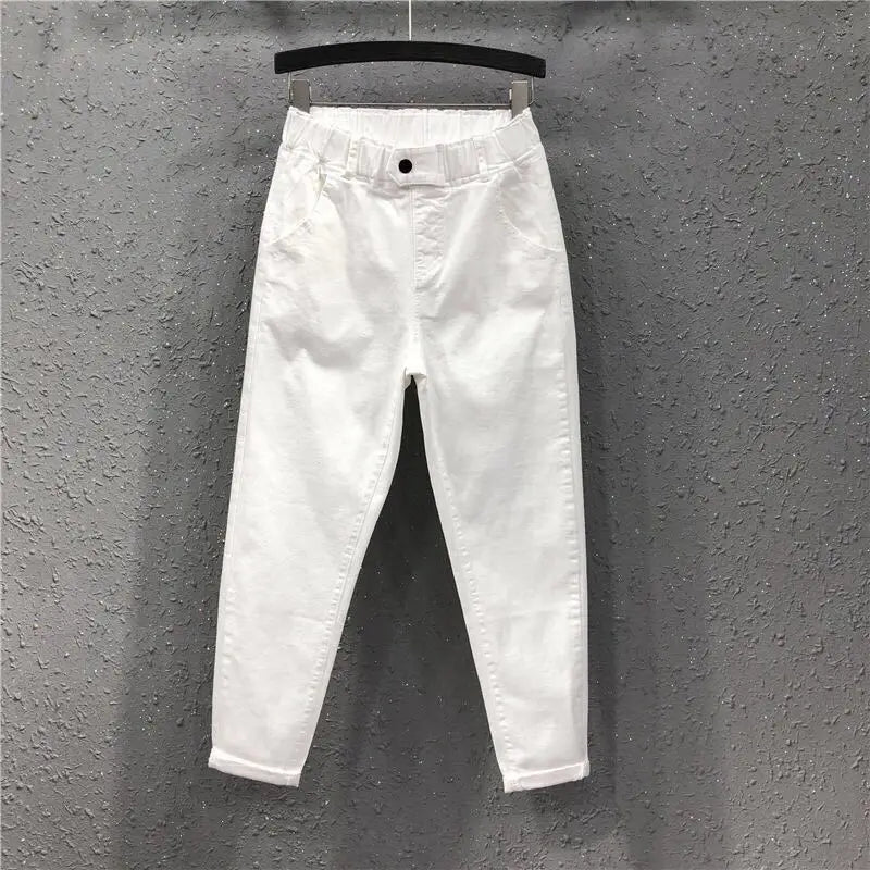 plus Size White Denim Jeans Women's Nine-Piece Casual Pants Summer New Loose Slim Elastic Waist Slim Fit Harem Pants