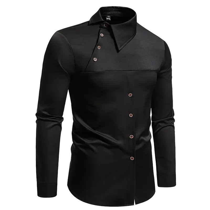 Men asymmetrical slant collar long sleeve casual shirt in black satin with a subtle sheen and contrasting rose gold buttons.
