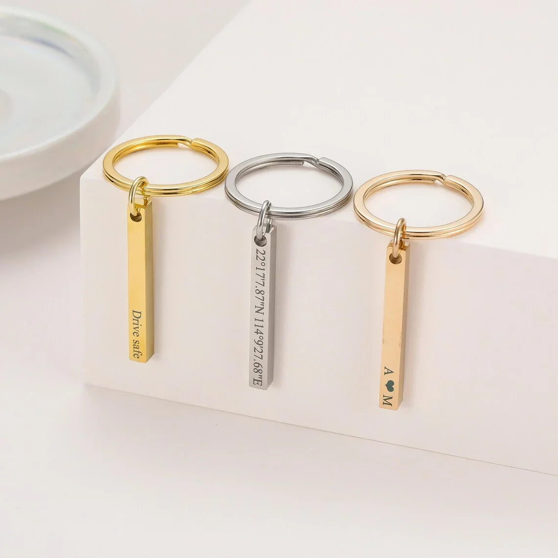 Personalized Engraved Bar Keychain Stainless Steel Four Side Coordinates Keyring Custom 3D Bar Key Chains Women Men Gift