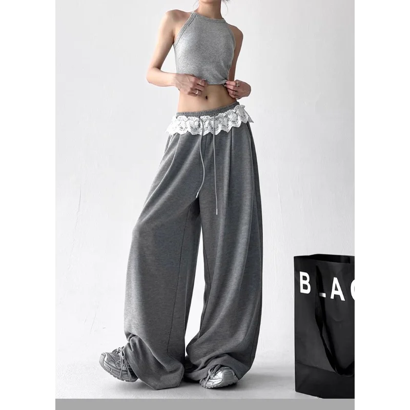 Wide-leg Pants for Women New Solid Color Loose Lace Drawstring Casual Drooping Sports