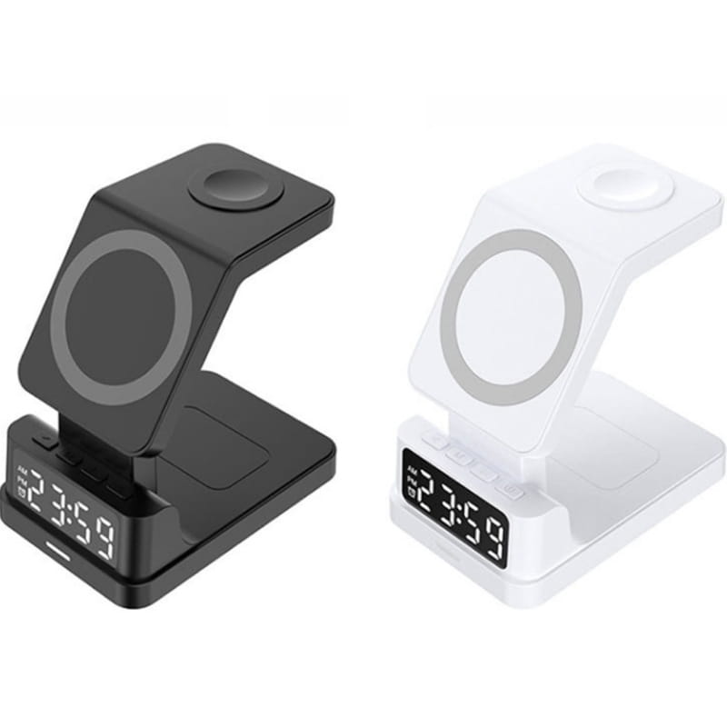 Black and white wireless chargers 4 in 1 multiple devices stands with digital clock displays showcasing output power for efficient charging