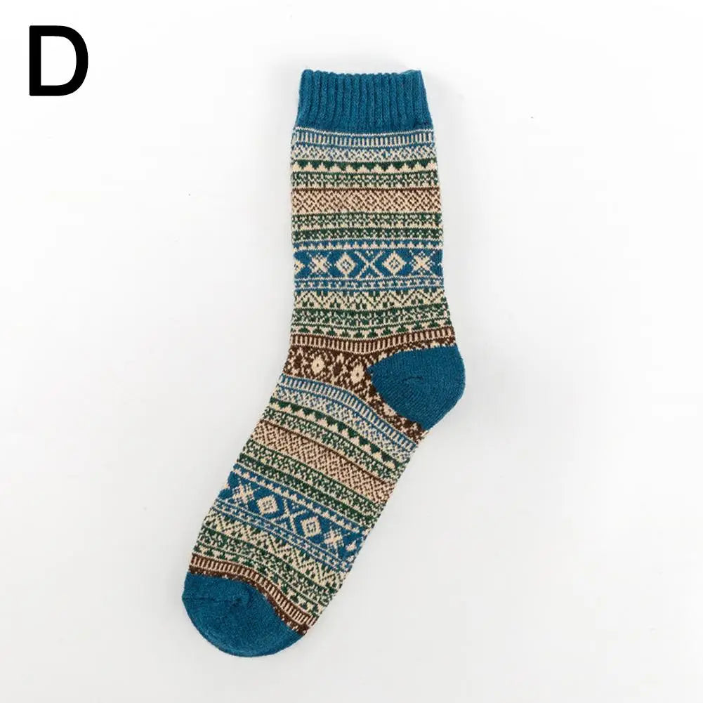 Men retro cotton crew socks mid-high tube thermal in teal featuring a cozy knitted nordic-inspired pattern with intricate geometric designs in shades of teal beige green and brown, ideal for the latest fashion trend.