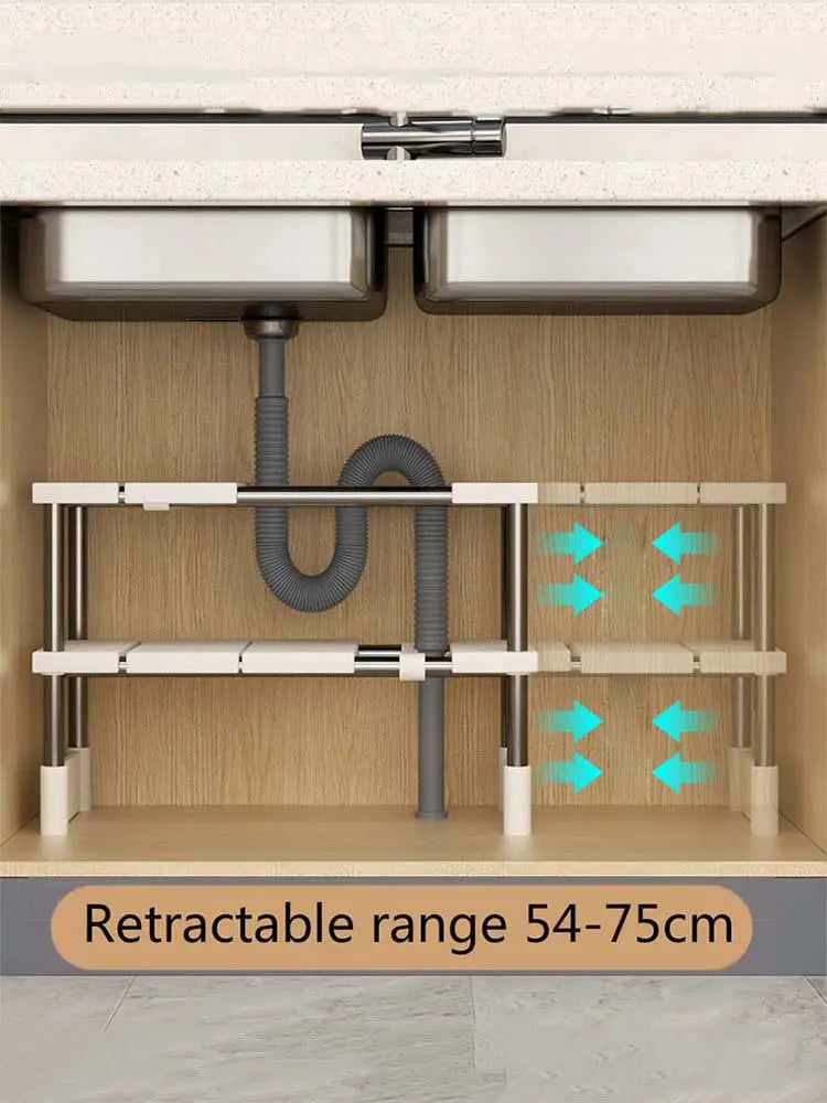 Étagère de séparation à couches réglables et support télescopique pour évier en acier inoxydable et en plastique blanc, avec une plage rétractable de 54 à 75 cm pour l’aménagement sous évier.