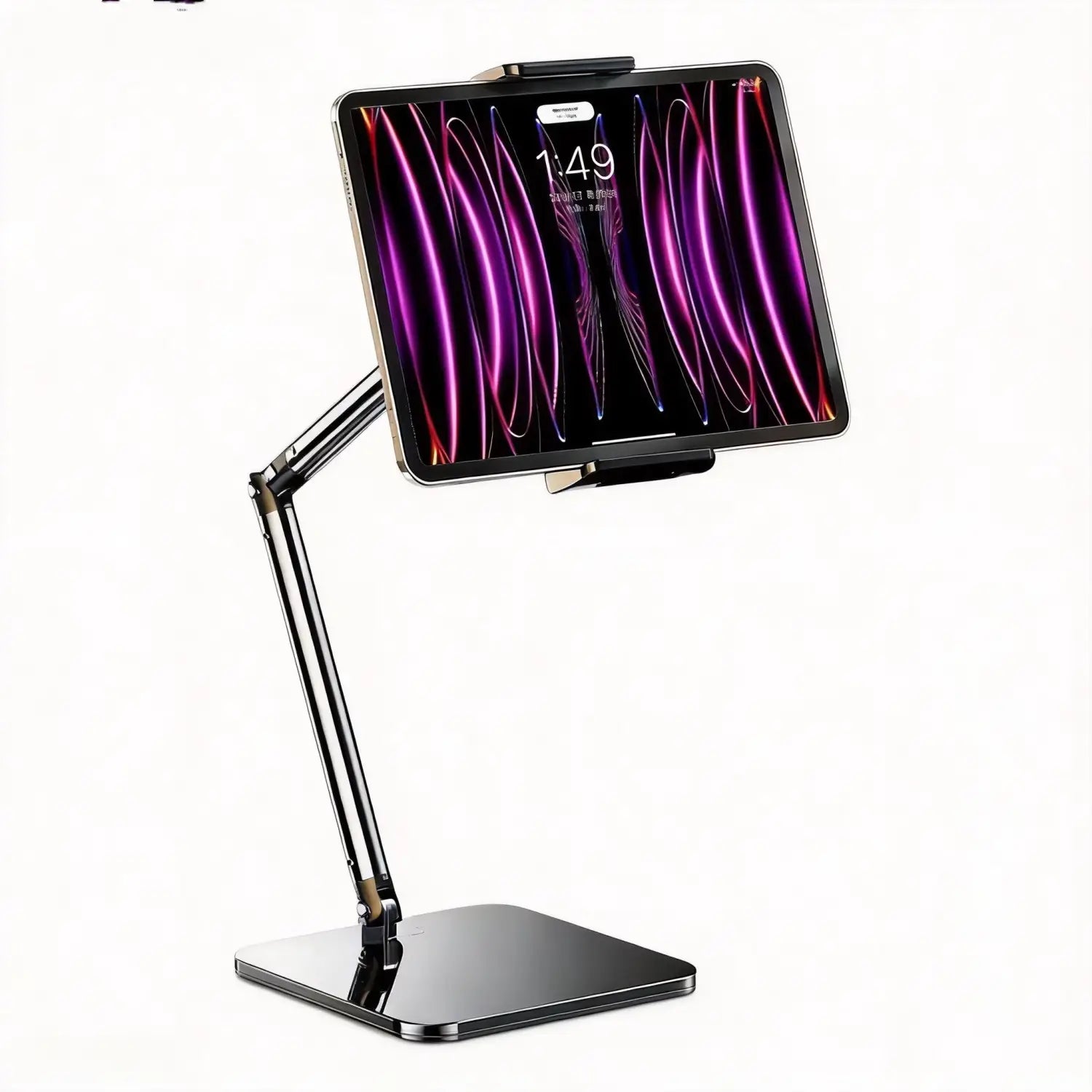 Adjustable black metal desktop holder providing stable support for inch smartphones holding a device with a purple and red abstract wallpaper.