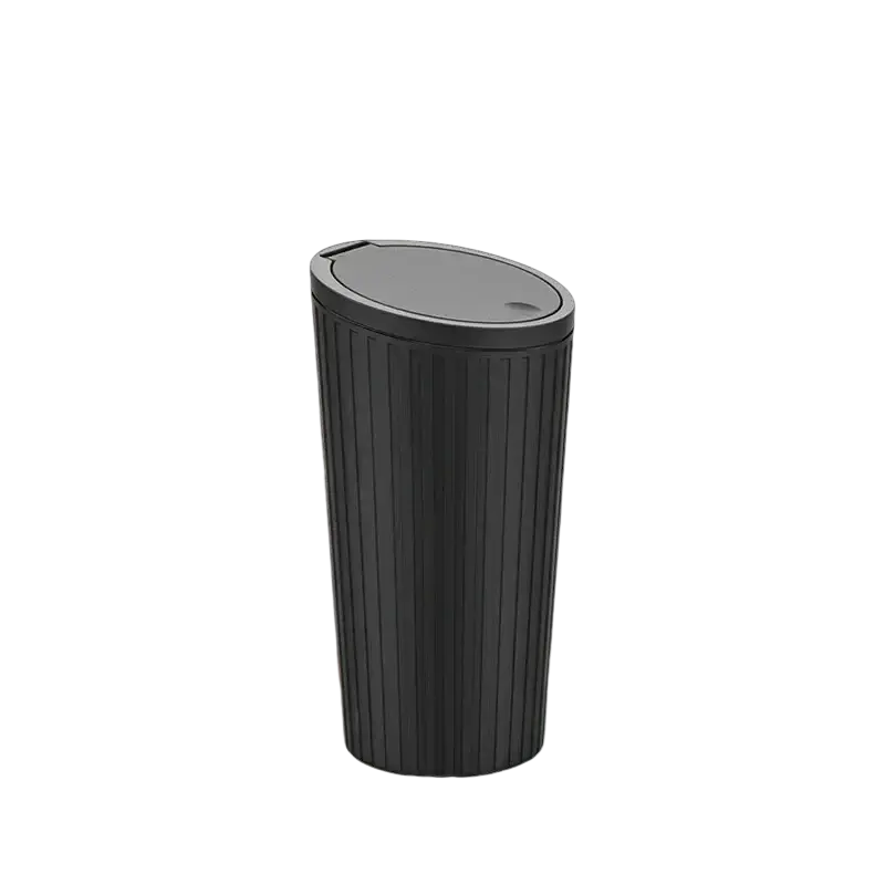 Gray ribbed car trash can with press and close lid as a portable storage bucket for car trash accessories feature