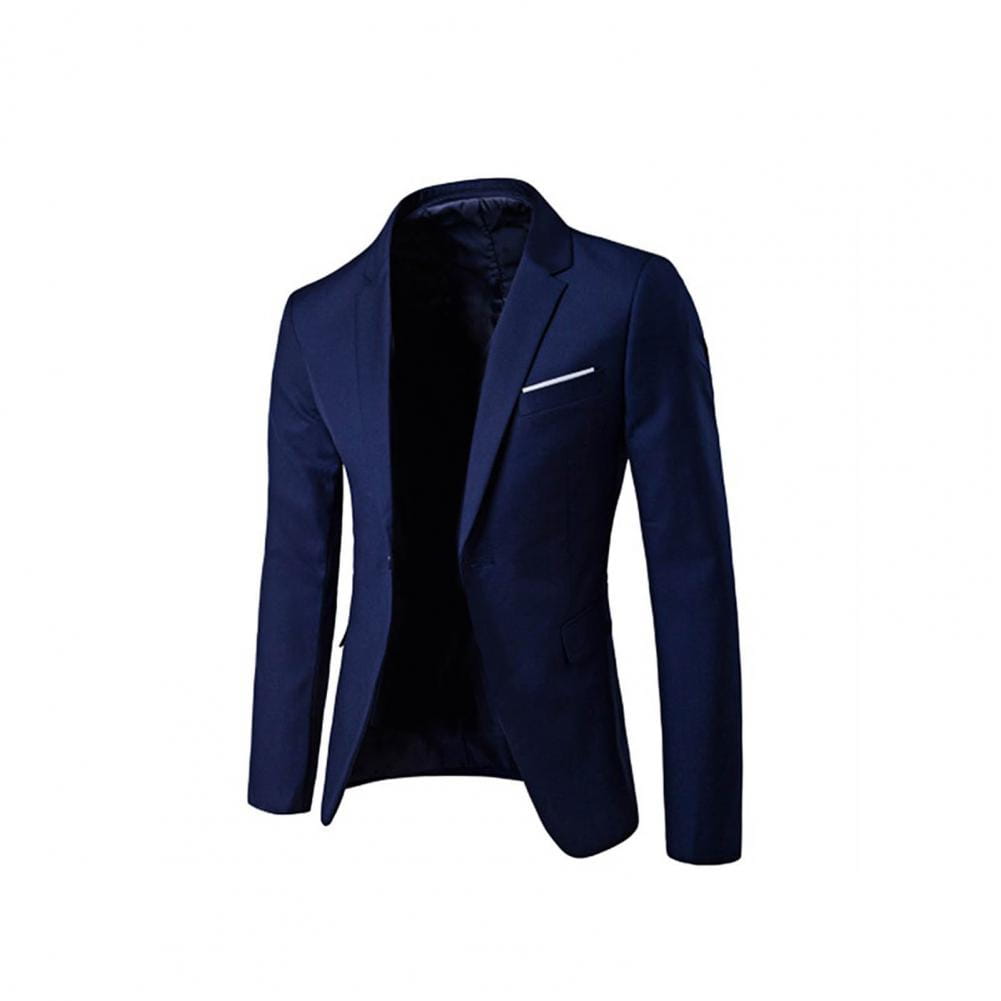 Chaqueta entallada de color azul marino, de color sólido, con manga larga y detalle de pañuelo de bolsillo blanco, como parte de un conjunto de traje formal de hombre de color sólido, chaqueta de manga larga y pantalones, con largo de pantalones estándar.
