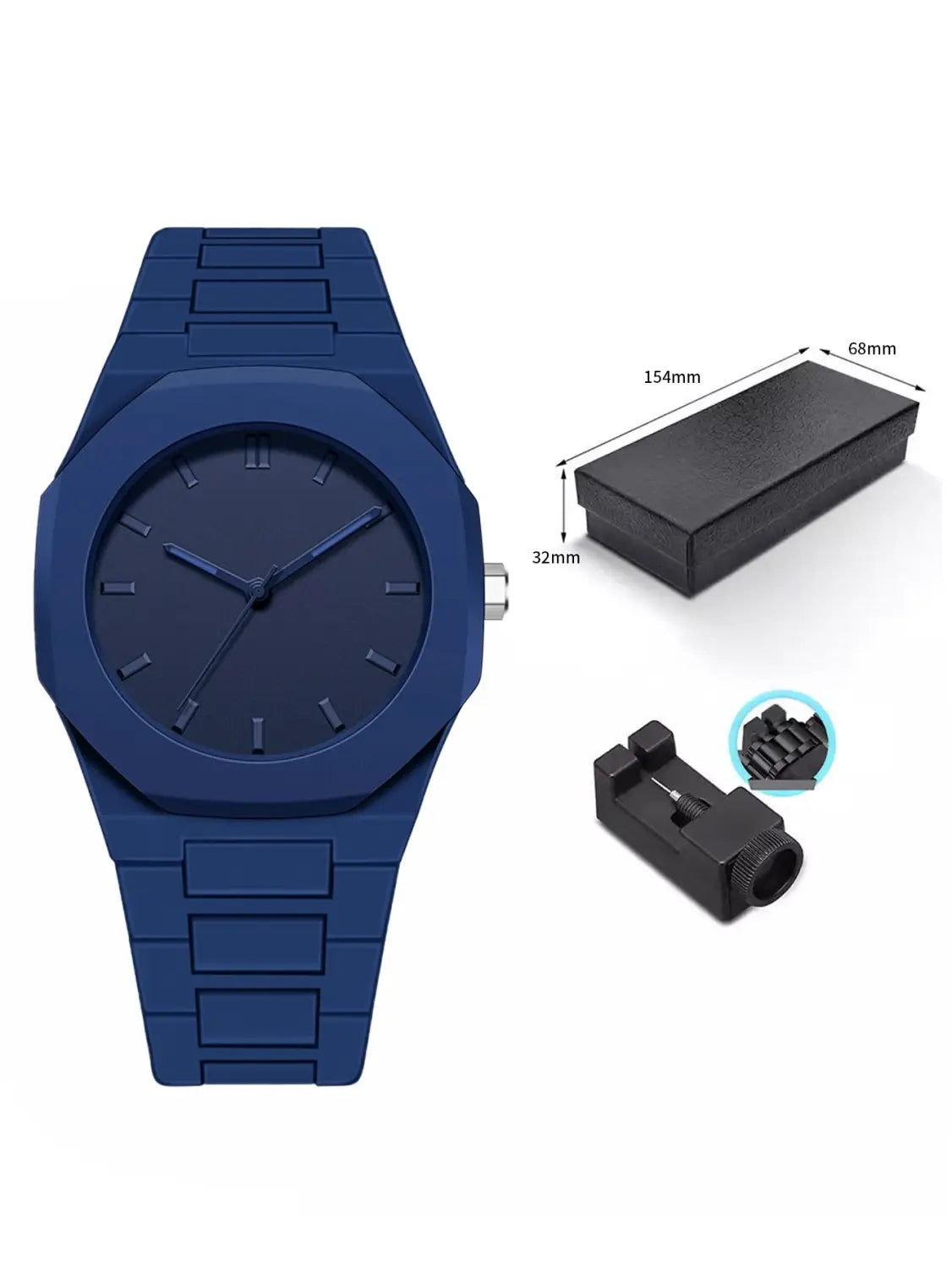 Herrenarmbanduhr Tomi im minimalistischen Design aus weißer Keramik mit einem tiefblauen achteckigen Gehäuse, einem passenden Silikonarmband und einem minimalistischen Zifferblatt.