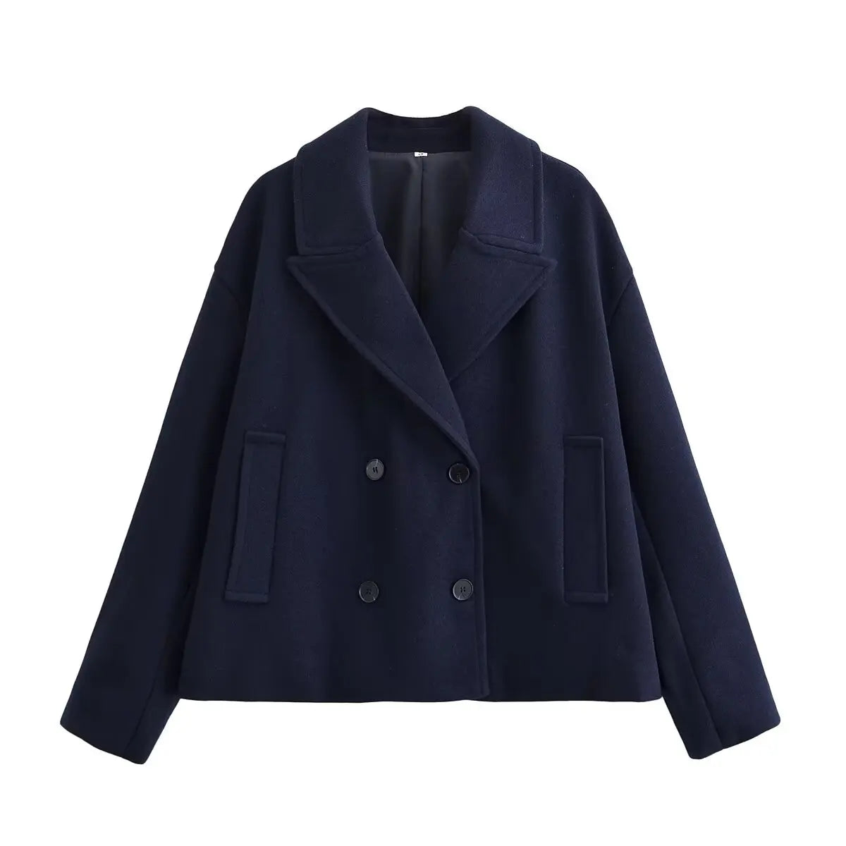 HH Women Winter Fashion Versatile Lapel Double Breasted Wool Short Coat Female Pocket Decoration Solid Long Sleeve Casual Jacket
