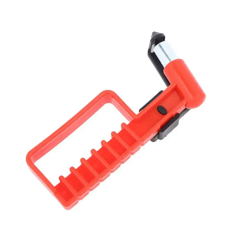 red plastic car emergency escape hammer window breaker tool with black accents and white cylindrical component for breaking car windows in emergencies