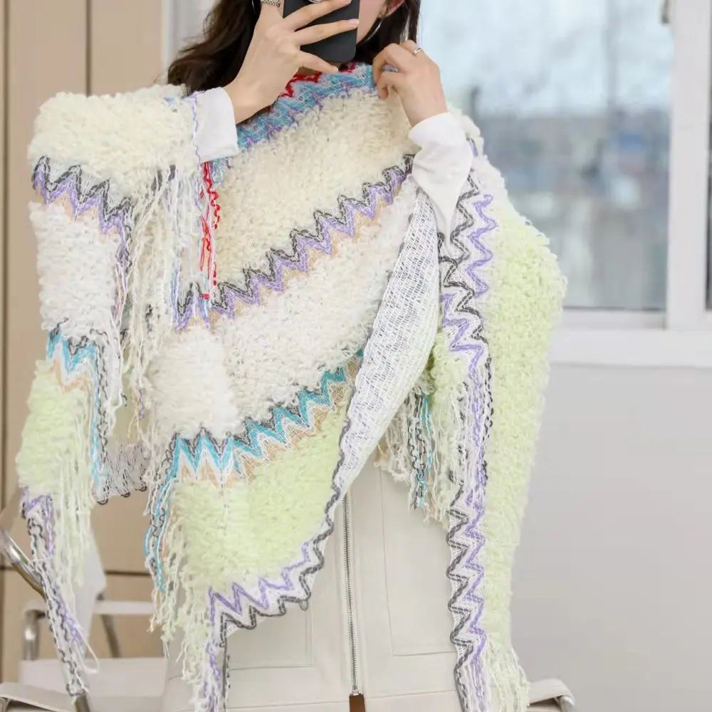 Ethnic Style Cape Oversized Sweater Jacket Women Fashion New Loose Patchwork Warm Long Scarf Knitted Cardigan Woman